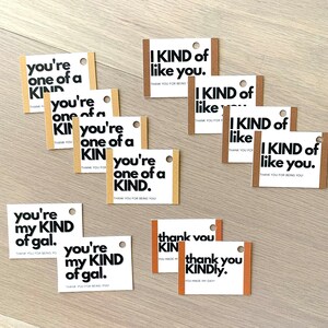May include: A set of ten gift tags with various messages printed in black on white cardstock. The tags are decorated with brown and orange paper strips. The messages include "you're one of a kind", "I kind of like you", "you're my kind of gal", and "thank you kindly".