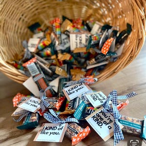 May include: A wicker basket overflowing with individually wrapped granola bars, each tied with a ribbon and a small tag that reads "I kind of like you."