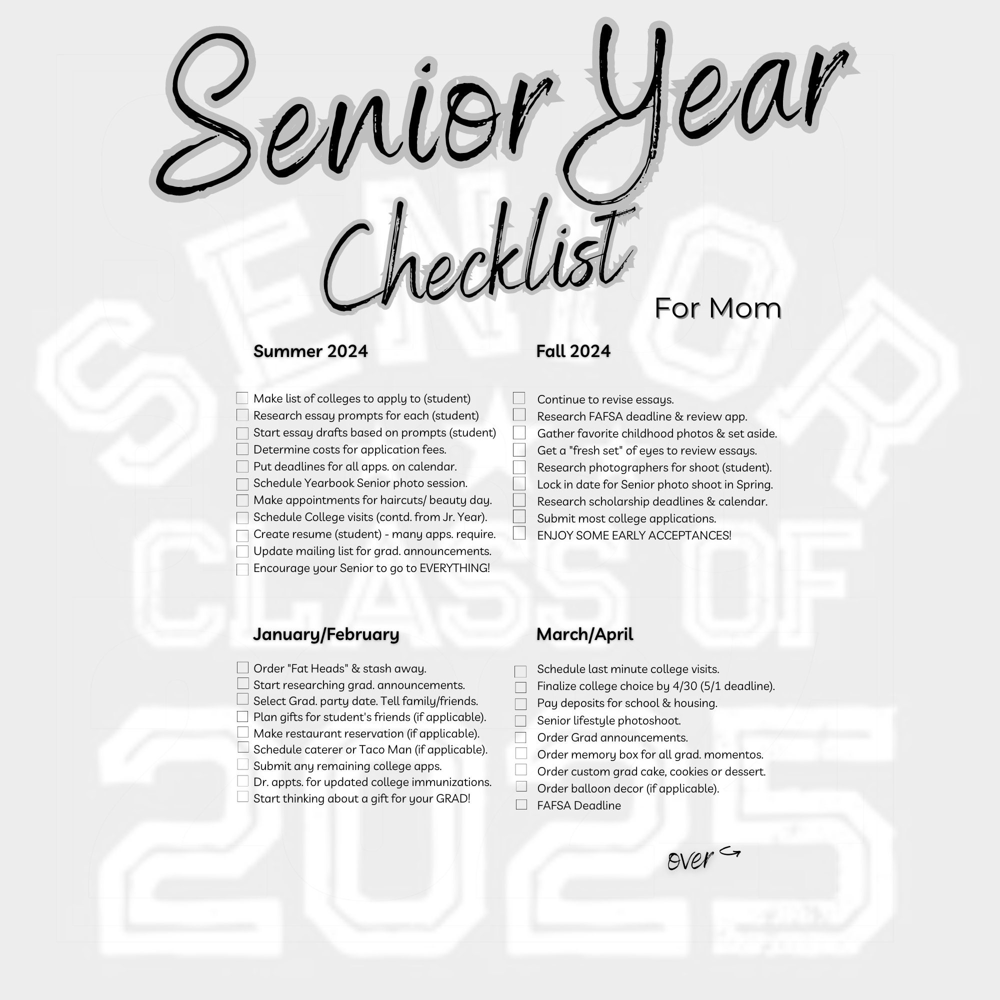 2025 Senior Year Checklist, College Packing Checklist Bundle, Senior