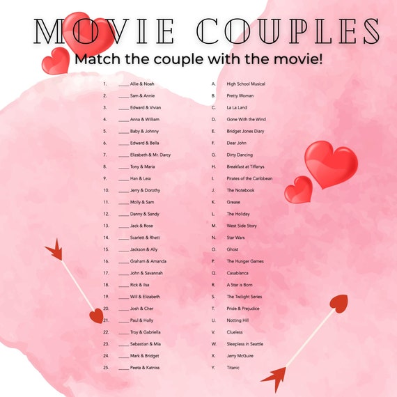 Valentine's Movie Couple Game, Romance IQ Test (Digital Download)