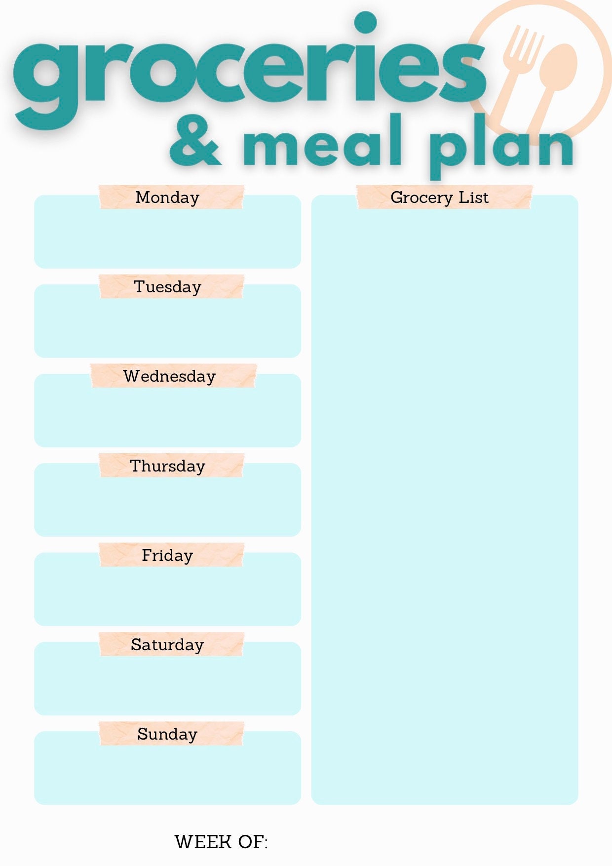 Weekly Meal Planner, Grocery Shopping Planner Etsy