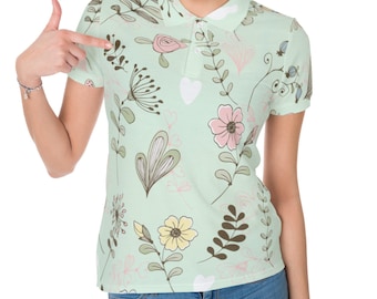 Women's Short-Sleeved Polo Shirt - pale green with florals, lovely shirt that is breathable, comfortable, & stylish