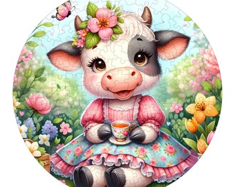 Cute Cow Round Jigsaw Puzzle - high quality poplar wood; fun activity with many benefits; choose 68, 120, or 195 pieces