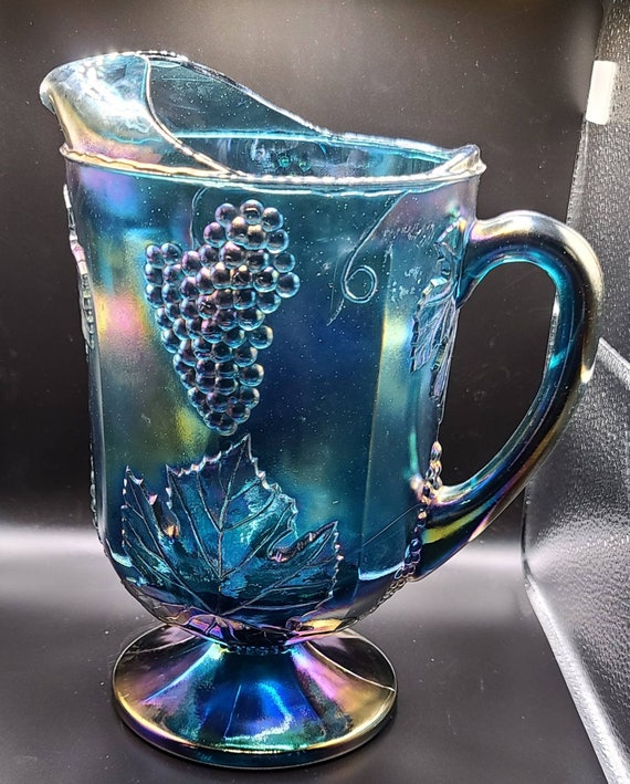 Indiana Glass Carnival Glass Pitcher and Goblets Grapes and Leaves Harvest  Grape Blue Carnival Glass 