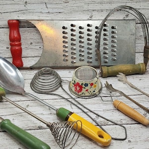 Vintage 1950s Kitchen Utensils Primitive Farmhouse Decor Grater Spoon Whisk Tongs Sifter Pastry Blender Cutter Egg Separator Cake Server