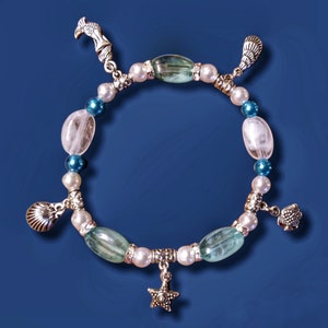 Ocean Beach Theme Mermaid Charm Bracelet Tropical Seashell Starfish Silver White Blue Faux Sea Glass Pearl Beads Stretch Bracelet