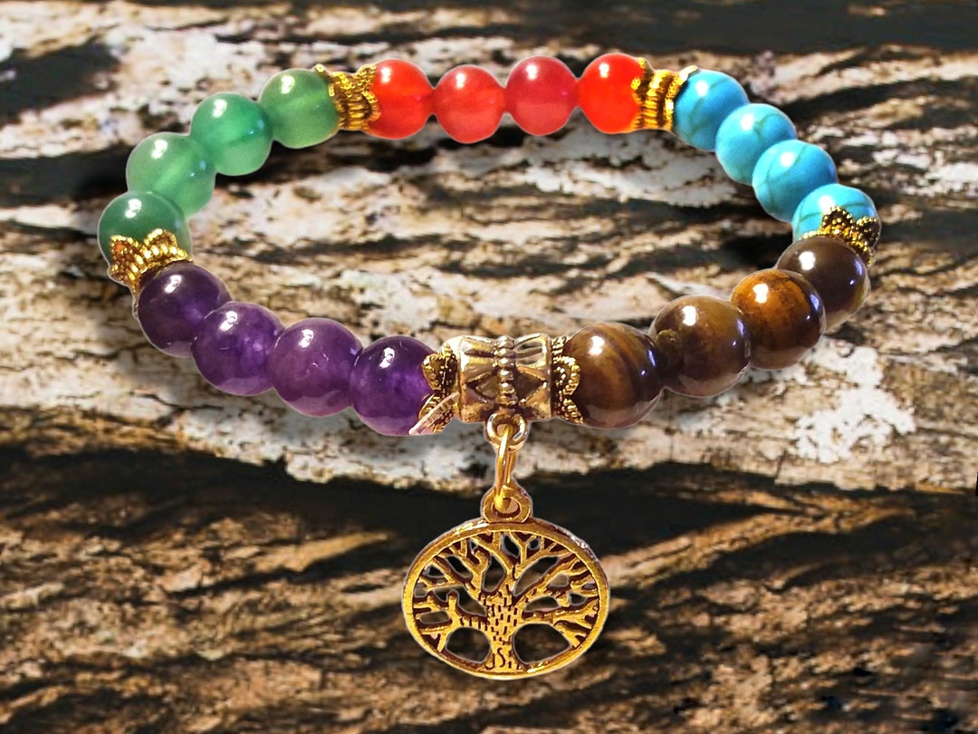 Tree of Life Gemstone Gold Charm Bracelet Blue Green Purple Red Brown ...