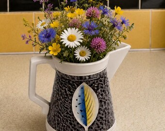 Vintage 1950s Coffeepot Vase MCM Black White Yellow Blue Modern Pitcher Decor Victoria Ceramics Japan