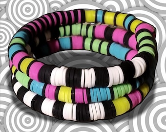 80s Retro Neon Memphis Pattern Bracelet Custom Heishi Preppy Flat Surfer Polymer Clay Bead Stretch Bracelet