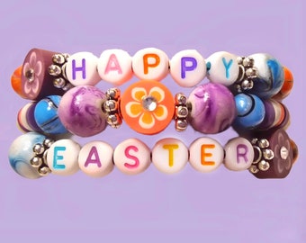 Happy Easter Heishi Bead Stack Bracelet Custom Polymer Clay Preppy Bead Stretch Bracelets