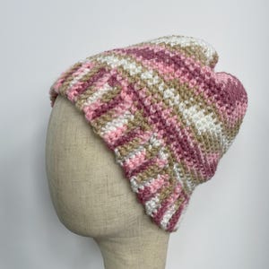 Handmade Crochet Beanie – Pink, White & Tan Hat
