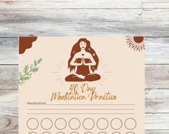 Könnte beinhalten: Ein druckbarer 40-Tage-Meditationspraxis-Tracker mit einer Zeile zum Schreiben von Notizen und einem Raster mit 40 Kreisen, die zum Ausmalen sind, wenn du jeden Tag der Meditation abgeschlossen hast. Der Tracker zeigt eine stilisierte Illustration einer meditierenden Frau mit einem Herzen in ihrer Brust und Sternen um ihren Kopf.