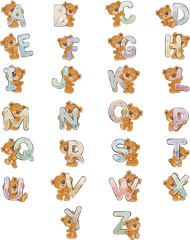 Teddy Bear Alphabet Clipart, Bear Letters, Bear Birthday, Sublimation