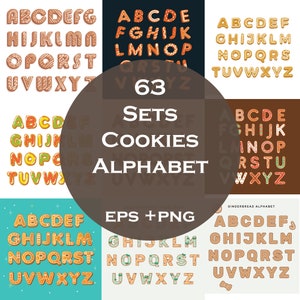63 conjuntos de alfabeto de galletas, letra de galletas de Navidad, imágenes prediseñadas de galletas, fuente de galletas, conjunto de PNG de dulces, alfabeto de sublimación