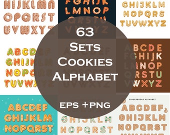63 ensembles d'alphabet de biscuits, lettre de biscuits de Noël, clipart de biscuit, police de biscuit, ensemble de PNG de bonbons, alphabet de sublimation
