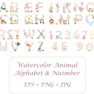 Clipart de alfabeto de animais em aquarela, letras de animais, design de sublimação, gráficos de números de alfabeto de animais em aquarela, aniversário, chá de bebê