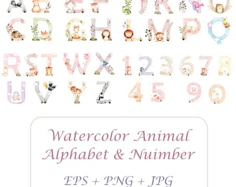 Aquarelle Animal Alphabet Clipart, Lettres d’animaux, Conception de sublimation, Aquarelle Animal Alphabet Number Graphics, Anniversaire, Baby Shower