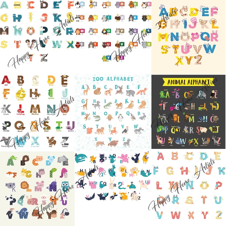 Peut inclure: Quatre tableaux d'alphabet color&eacute;s illustrant diff&eacute;rents animaux. Chaque tableau a une couleur de fond et un design diff&eacute;rents. Le premier tableau a un fond blanc avec un motif de pois bleus et blancs. Le deuxi&egrave;me tableau a un fond jaune clair avec un motif de flocons de neige bleus et blancs. Le troisi&egrave;me tableau a un fond gris fonc&eacute; avec une bordure blanche. Le quatri&egrave;me tableau a un fond jaune clair avec un motif de pois bleus et blancs. Chaque tableau pr&eacute;sente les lettres A &agrave; Z avec une illustration d'animal &agrave; c&ocirc;t&eacute; de chaque lettre.