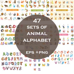 47 diseños de paquete de alfabeto de animales, letras de animales, decoración de guardería de baby shower, gráficos de cumpleaños, gráficos de imágenes prediseñadas de baby shower,