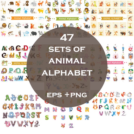 47 Designs of Animal Alphabet Bundle, Animal Letter, Baby Shower Nursery Decor, Birthday Graphics, Baby Shower Clip Art Graphics,