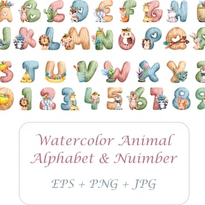 Clipart de alfabeto de animales de la selva de acuarela, letras de animales, diseño de sublimación, gráficos de animales de acuarela, cumpleaños, baby shower