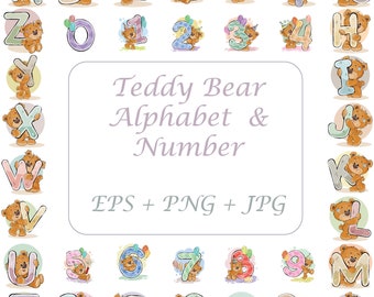 Ours en peluche Alphabet Clipart, ours lettres, ours anniversaire, Sublimation Design, ours Alphabet numéro graphiques, anniversaire, Baby Shower, PNG