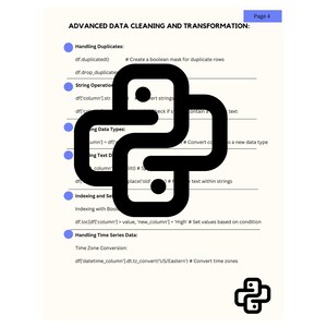 K&ouml;nnte beinhalten: Eine Schwarzwei&szlig;illustration des Logos der Programmiersprache Python. Der Text auf der Seite lautet "Fortgeschrittene Datenbereinigung und -transformation" und listet verschiedene Techniken zur Datenbereinigung und -transformation in Python auf, darunter die Behandlung von Duplikaten, Zeichenfolgenoperationen, Datentypen, Indizierung und die Behandlung von Zeitreihendaten.