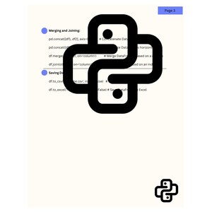 K&ouml;nnte beinhalten: Eine Schwarzwei&szlig;illustration eines Python-Programmiersprachenlogos. Das Logo ist eine stilisierte Schlange, die sich in den Schwanz bei&szlig;t. Der Text "Merging and Joining" und "Saving Data" ist im Bild sichtbar. Der Text "# Concatenate Data", "# Merge DataFrames" und "# Save DataFrames" ist ebenfalls im Bild sichtbar.