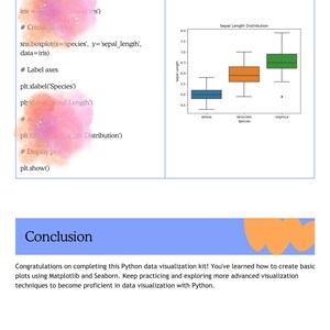 May include: A code snippet in Python using the Seaborn library to create a box plot visualization of sepal length distribution for three species of iris flowers. The plot shows the distribution of sepal length for each species, with the box representing the interquartile range, the line representing the median, and the whiskers representing the minimum and maximum values.