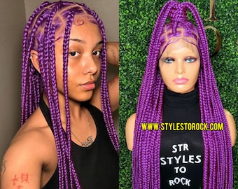 Ready To Ship Purple Full Lace Braids Jumbo Knotless Braids Large Box Braids butterfly locs boho goddess braids cheap braids HD Lace wig