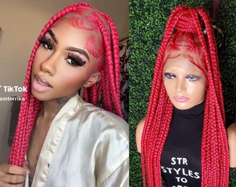 Ready To Ship Pink Full Lace braids long Knotless Braids Braided Wig pink Box braids Boho Braids pink braided Lace wig passion island twist