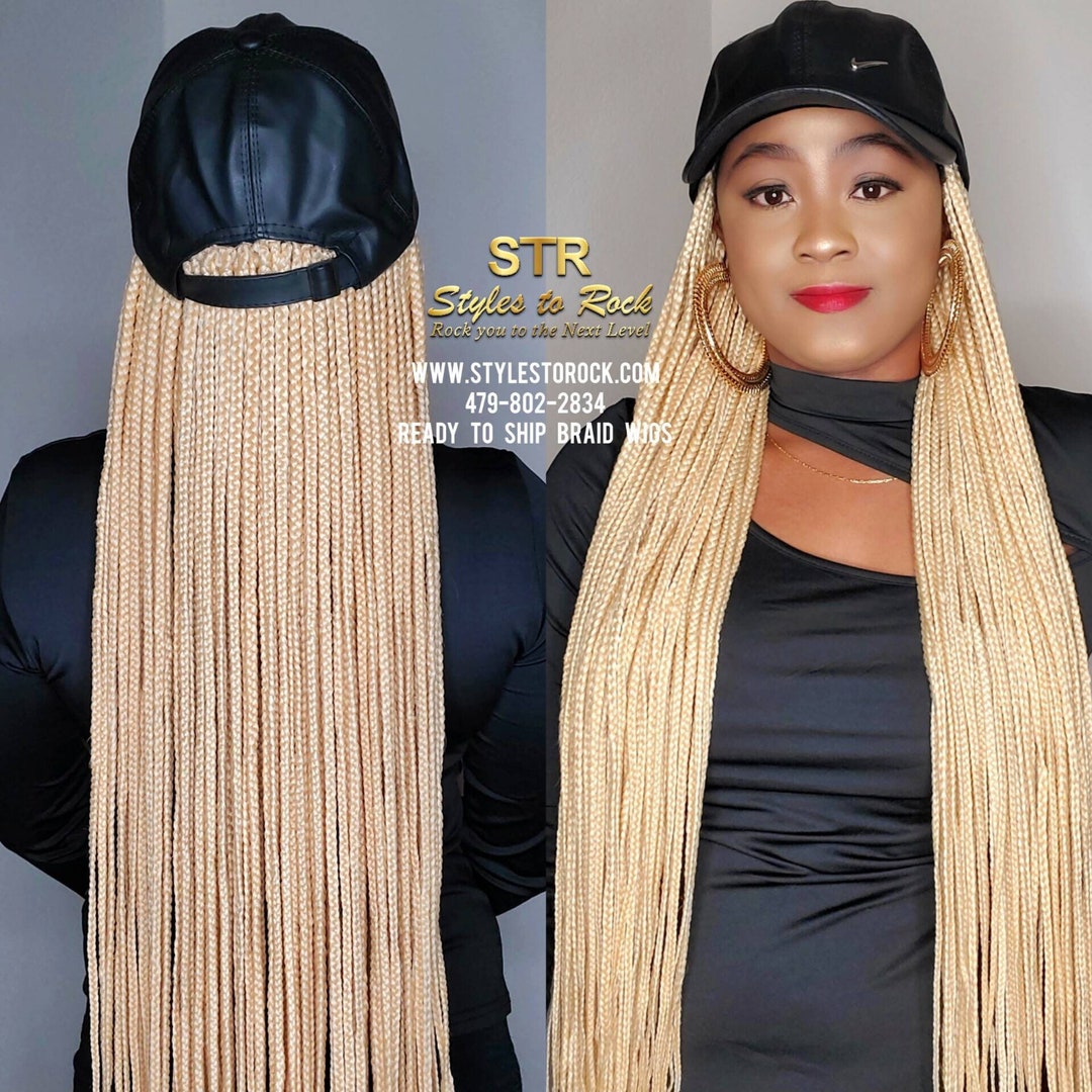 613 Blonde Hat Wig Braid Wig Leather Cap Box Braid Hat Wig Etsy