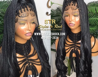 Full Lace Black Braided Wig: French Curl Knotless Braids, 30 Inch