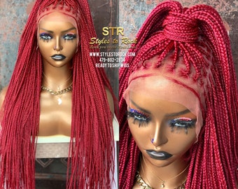 ready to ship red full Lace knotless braided wig black box braids boho goddess braids human hair HD lace wig feed in braids protective style
