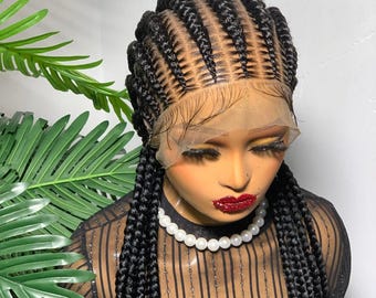 ReadyTo Ship Cornrow Full Lace Black Braided Wig Boho Goddess Knotless long Braids