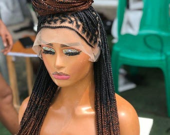 30" Knotless Braided Wig: Brown & Black Ombre, Full Lace