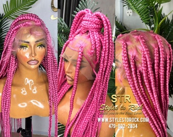 Pink Jumbo Knotless Braided Wig, Full Lace, 32 Inch