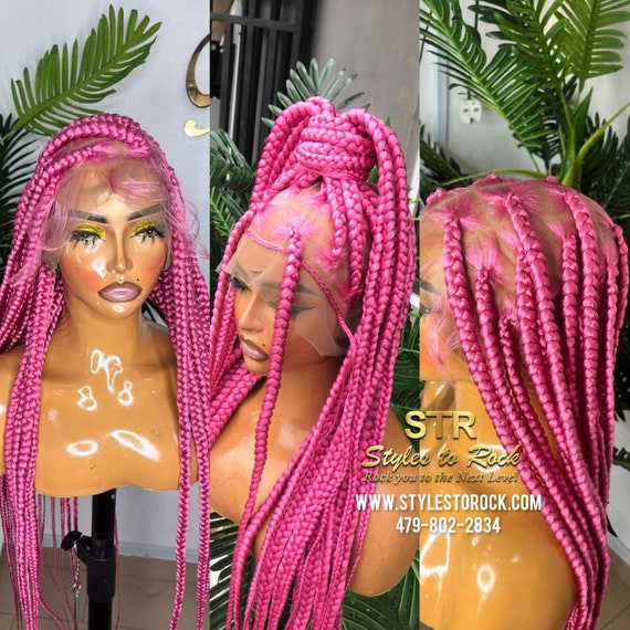 Ready to Ship Pink Full Lace Braided Wigs Knotless Box Braids Black Boho  Island Twist Goddess Gypsy HD Lace Frontal Protective Hair Styles 