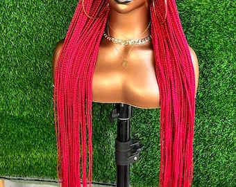 Red Braided Hat Wig: 30 Inch Box Braids, Small Cap