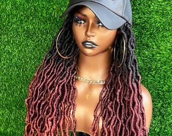 Wine Red Soft Locs Hat Wig, Black Braids, 22 Inch