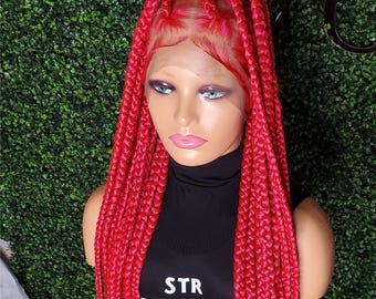 32" Pink Knotless Braided Wig: Full Lace, Boho Braids