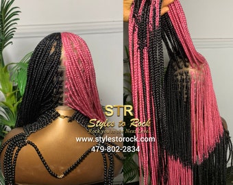 Full Lace Braided Wig: Small Knotless Box Braids, Black & Pink, 30 Inch