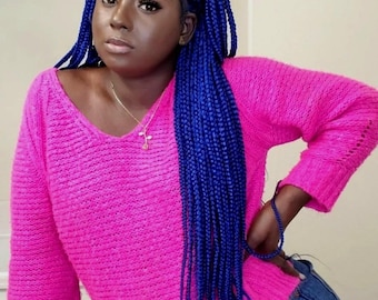 Blue Knotless Braided Wig, Full Lace Boho Box Braids, 32 Inch