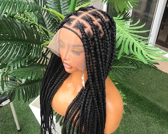 Full Lace Knotless Braided Wig: Black Jumbo Box Braids, 32 Inch