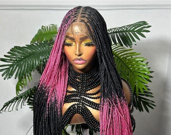 Full Lace Knotless Box Braid Wig: Pink & Black Ombre, 30-36 Inch