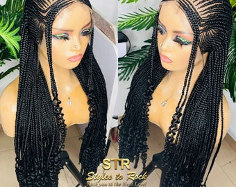 Ready To Ship: Black Cornrow Braided Wig, 13x6 Lace Frontal, 32 Inch