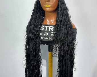 Human Hair Boho Curls Braided Wig with Hat, Knotless Braids