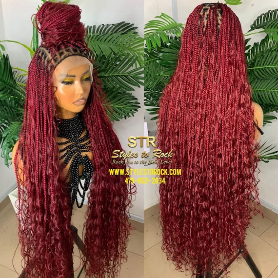 Ready to Ship Full Lace Red Braided Wig Black Knotless Braids Box Braids  Boho Braids Gypsy Braids Goddess Braids Human Hair Wig Curly Braids -   Canada
