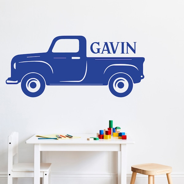 Customizable Vinyl Wall Decal - Vintage Truck With Personalized Name - Home Decor For Boy Bedroom, Garage, Nursery, or Playroom - Removable