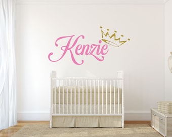 Personalized Name Vinyl Wall Decal with Princess Crown - Home Decor for Little Girl&#39;s Nursery, Bedroom, or Play Room - Birthday Party Decor